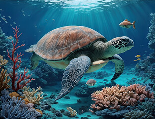Wonderful and beautiful underwater world with turtles,  corals and tropical fish.