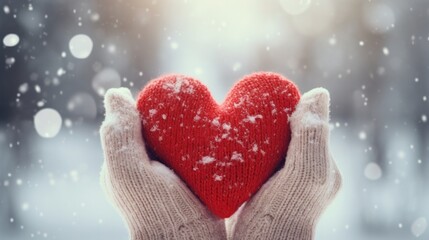 Fototapeta premium Hands in white mittens hold a red heart against snow background.