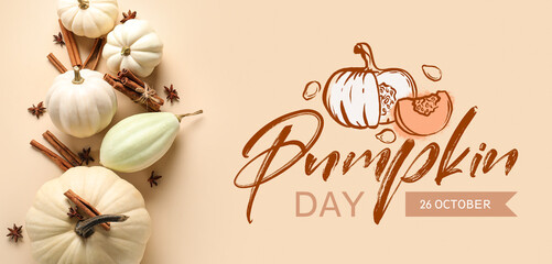 Different pumpkins on beige background. Greeting banner for National Pumpkin Day