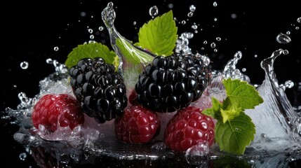 front view fresh blackberry and redberry splashed with water on black background and blur