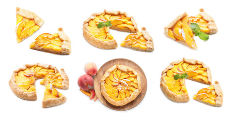 Set of tasty peach galette on white background
