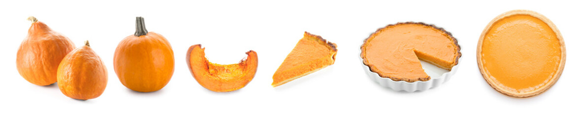 Set of tasty pumpkins and pies on white background