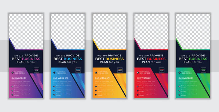 Business Roll Up Banner Vector Creative Design. X Banner, X Stand, Pull Up, Pop Up Banner  For Marketing And Advertising.5 Color Set Of Gradient Layout. 2023 And 2024 Trending And Modern Design.
