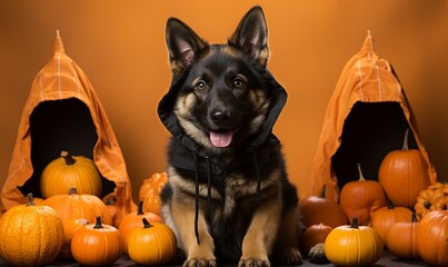Halloween symbol concept of Cute german shepherd dog sitting near pumpkin and ghosts  - obrazy, fototapety, plakaty