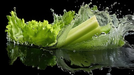 front view Fresh green celery exposed to water splash on black background and blur