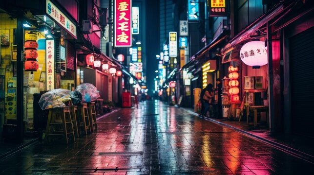 a realistic pc desktop wallpaper of a futuristic cyberpunk japanese tokyo city narrow street road at night. pink and purple neon lights on bar boards screens. 16:9 ratio. Generative AI