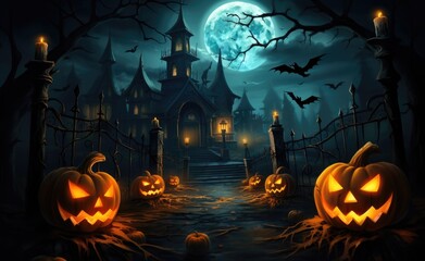 a black castle in the night with pumpkins in the yard near a full moon, in the style background