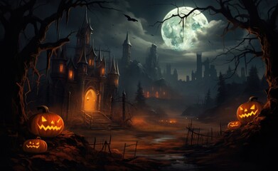 a black castle in the night with pumpkins in the yard near a full moon, in the style background