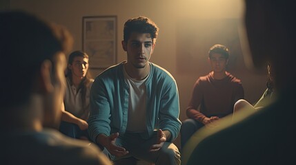 Young caucasian man sitting in a support group, talking to others, concept of sobriety and recovery from alcoholism/addiction - obrazy, fototapety, plakaty