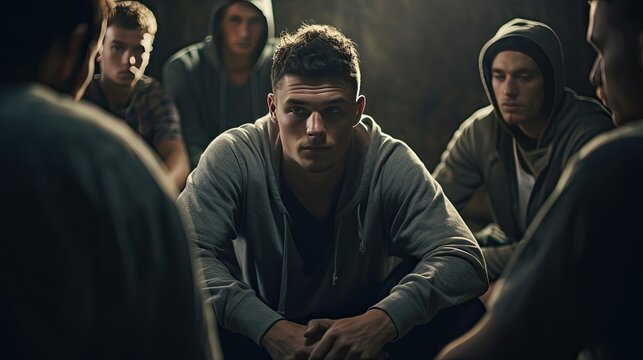 Young caucasian man sitting in a support group, listening to others. Concept of sobriety and recovery from alcoholism/addiction.
