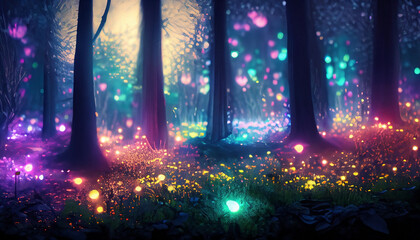 forest ,glowing particles and colorful