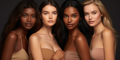 A diverse group of beautiful women with natural beauty and glowing smooth skin. Portrait of many attractive female fashion models with great skincare of all races, tones and style