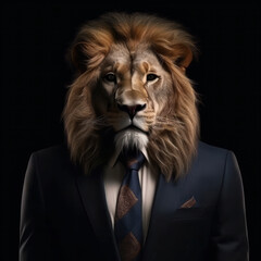 A surreal lion in a suit and tie, with a digital mane and creative manipulation, perfect for performance, entertainment, or circus themes. AI Generative.