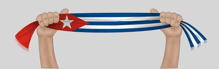 3D illustration. Hand holding flag of Cuba on a fabric ribbon background.