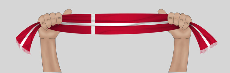 3D illustration. Hand holding flag of Denmark on a fabric ribbon background.