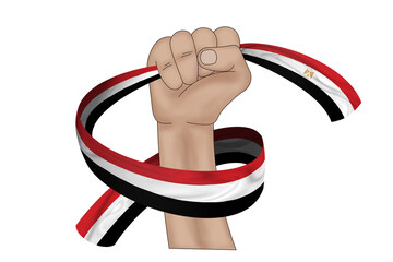 3D illustration. Hand holding flag of Egypt on a fabric ribbon background. - 638250732