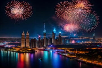 Fototapeta na wymiar fireworks over the river in the big city 