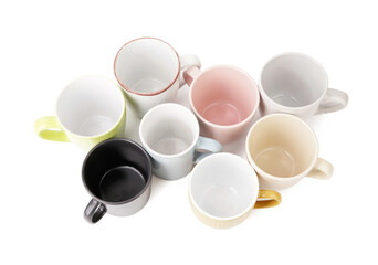 Set of different cups on white background