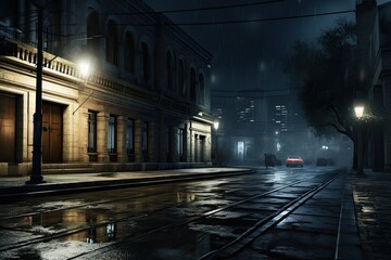 Gritty urban night. eerie street, desolate alley, haunting atmosphere, vintage cityscape.
