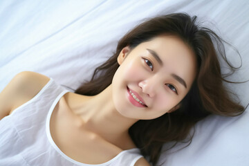 Naklejka premium Pretty Asian young lady lies on indoor bed. She keeps eyes open and looks satisfied with positive thinking and smiling to camera. Generative AI.