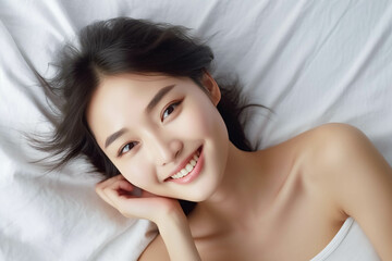 Naklejka premium Pretty Asian young lady lies on indoor bed. She keeps eyes open and looks satisfied with positive thinking and smiling to camera. Generative AI.