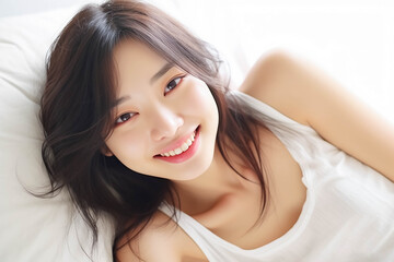 Naklejka premium Pretty Asian young lady lies on indoor bed. She keeps eyes open and looks satisfied with positive thinking and smiling to camera. Generative AI.