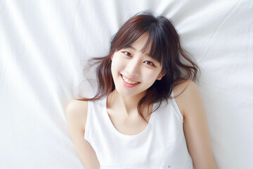 Pretty Asian young lady lies on indoor bed. She keeps eyes open and looks satisfied with positive thinking and smiling to camera. Generative AI.