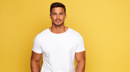 portrait of a man white t-shirts for mockup design yellow background