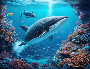 Fototapeta na wymiar Wonderful and beautiful underwater world with Whales, corals and tropical fish.