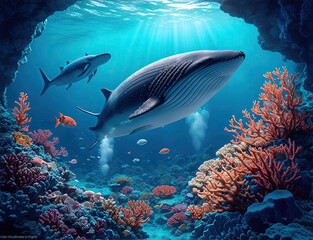 Fototapeta na wymiar Wonderful and beautiful underwater world with Whales, corals and tropical fish.