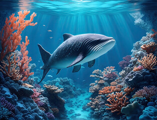 Wonderful and beautiful underwater world with Whales, corals and tropical fish.