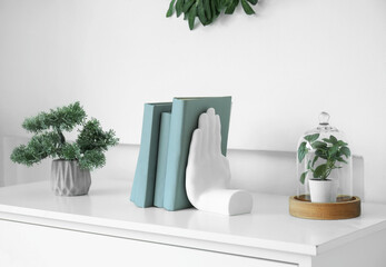 Stylish holder for books with houseplants on commode in room