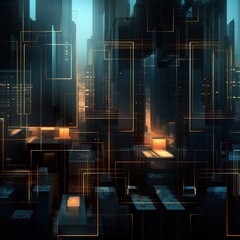 Abstract background of dark skyscrapers and geometric golden lines. AI Generation 