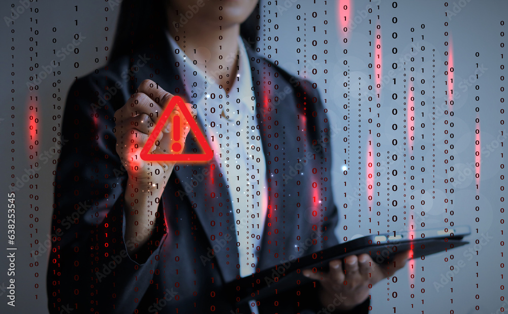 Poster Businesswoman pointing warning signs of hacking cyber triangle. Hacker attacks and hacking data, cyber crime, cyber security concept.