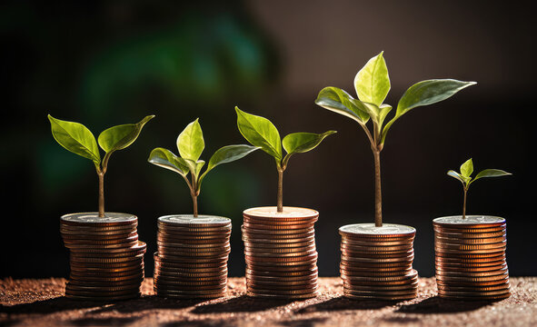 four stacks of coins with plants growing out of them, in the style of earthy elegance, innovating techniques
