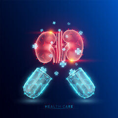 Human kidney organ red and medical sign symbol blue cross float out capsule translucent glowing low polygonal triangle. Health care innovation treatment. On dark blue background modern design vector.