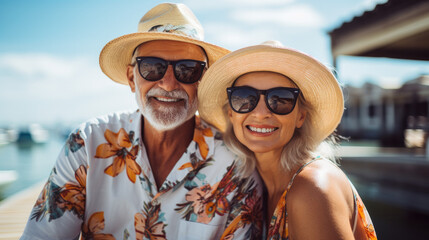 Traveller, adventure-seeking, relaxing calm tourist man and woman elderly older adult couple on vacationing in the tropics Caribbean on the beach, smiling with sun glow pleasure seekers