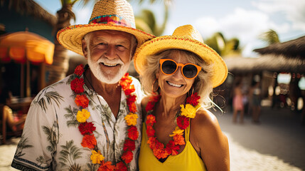 Traveling adventure-seeking older adult baby boomer couple 50s 60s elder relaxing calm in tropics Caribbean on the beach, smiling with sun glow in bright colors yellow  and sunglass and straw hat 