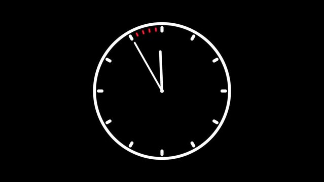 Timelapse animation of white clock on black background counting the 24 hours of the day passing fast and slowing down at the last 5 seconds. Alpha channel included
