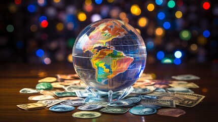 Crystal globe on various currencies and economic inflation conditions where rates tend to rise steadily. Generative AI.