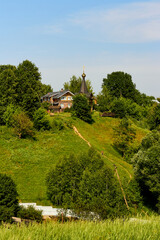Vertical view from Maloyaroslavets settlement on a wooden church on a high hill, Maloyaroslavets, Russia