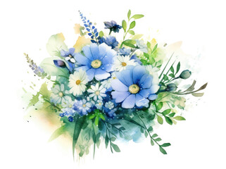 Watercolor bouquet of chamomile flowers and green leaves
