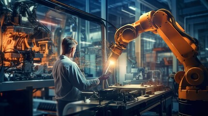 Within an industrial building, a robotic machine and a human collaborate. The mechanical arm is used to fuse metal parts together. - obrazy, fototapety, plakaty
