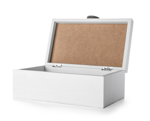 Open wooden jewelry box on white background