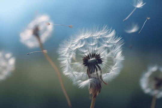 Nature's beauty captured in a photo of dandelions scattering in the wind, representing the fragility and resilience of life. AI Generative.