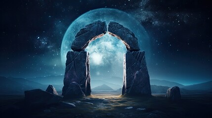 Portal with stone arches in a desert landscape, moon, digital illustration