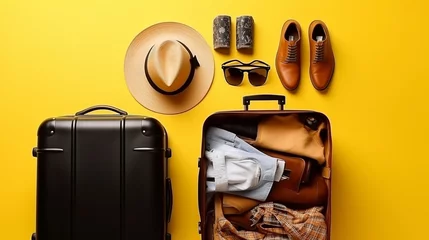 Foto op Canvas On a yellow background, a flat lay of a black bag with travel accessories. traveling idea. Generative AI. © KKC Studio