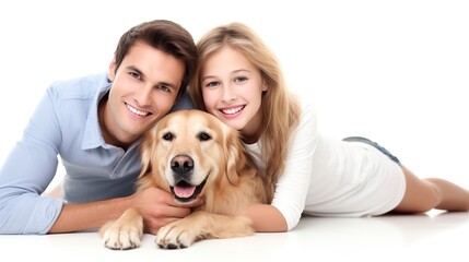 On a white background, a couple enjoying fun or leisure time together with their beloved dog. Happy and smiling outdoor portrait of a guy, wife, and their pet golden retriever.