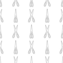 Repeating pattern of light gray outline scissors on a white background