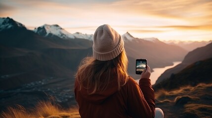 woman from back view Using a smartphone to take photos of mountain and river views at sunset - obrazy, fototapety, plakaty